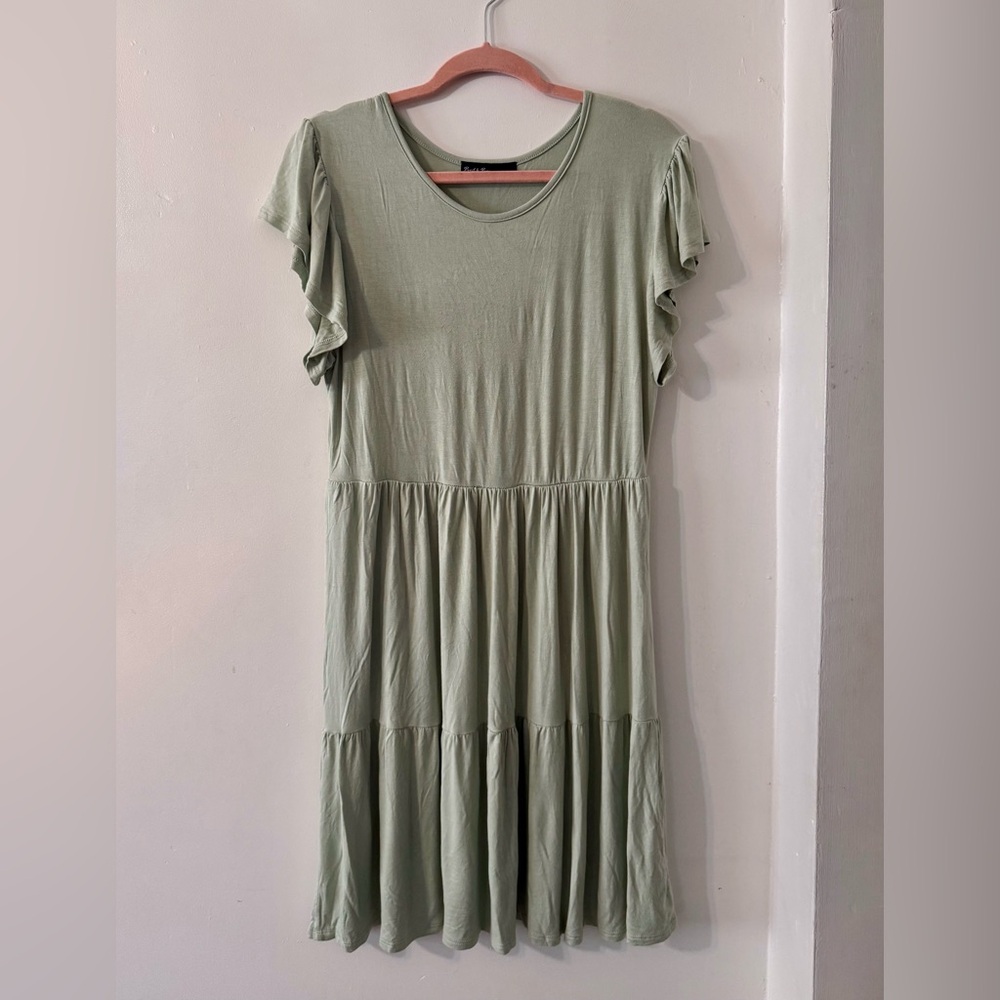 Sage Green Flutter Sleeve Tiered Knee Length Jersey Knit Mini Dress size XL